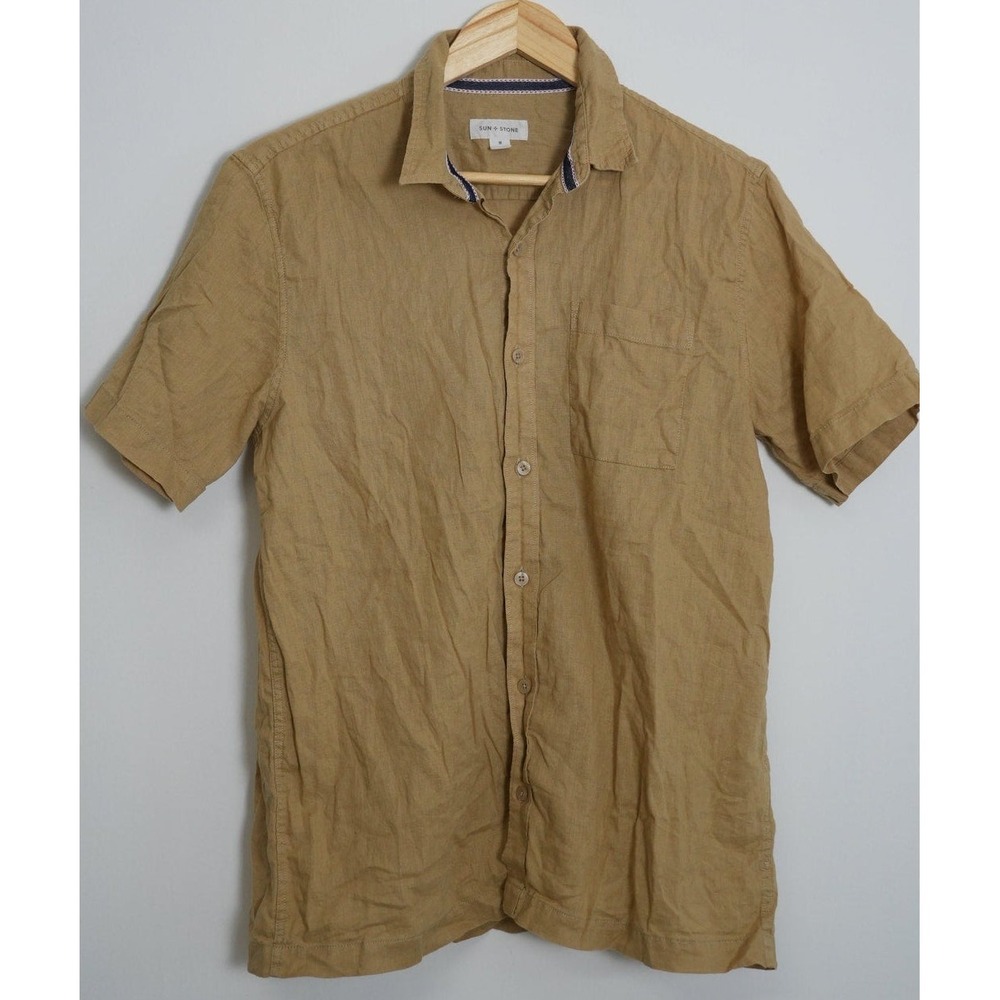 Sun and Stone Men's Tan Linen Button Up Size medium